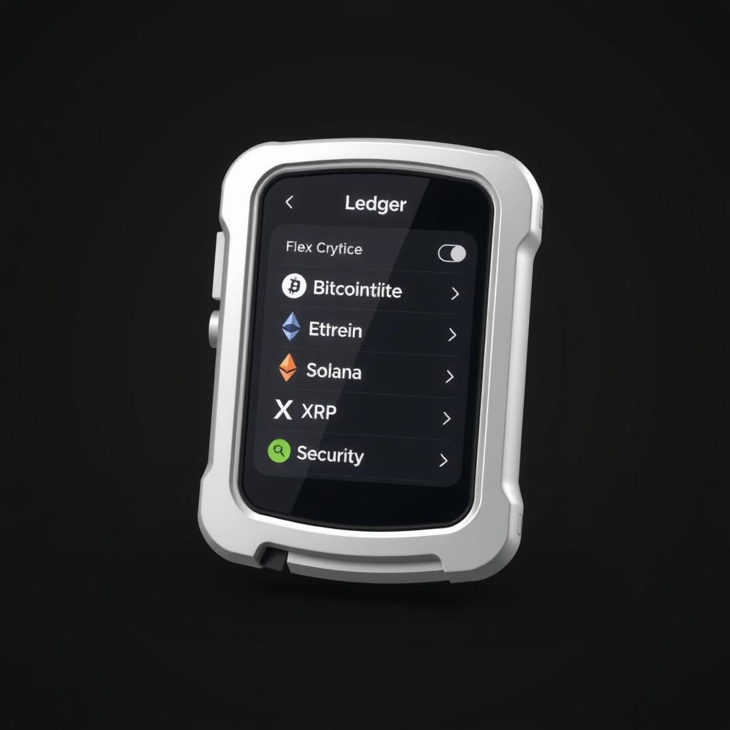 3D render of Ledger Flex device showing various crypto options like Bitcoin, Ethereum, Solana, XRP, and Security Key