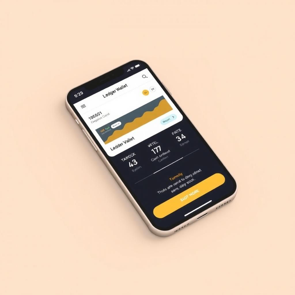 3D render of a mobile phone displaying the Ledger Wallet app